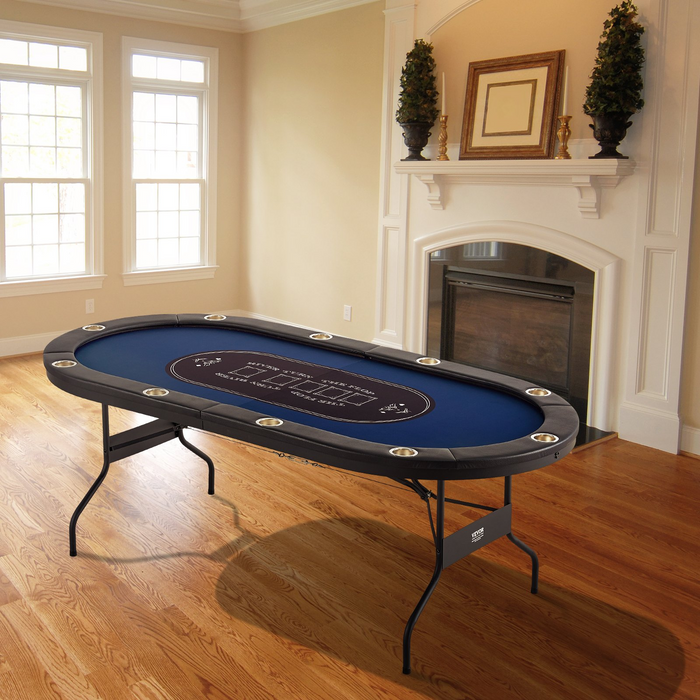 VEVOR 10 Player Foldable Poker Table, Blackjack Texas Holdem Poker Table with Padded Rails and Stainless Steel Cup Holders, Portable Folding Card Board Game Table, 84" Oval Casino Leisure Table